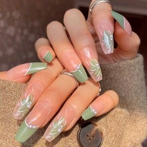 24pcs Long Coffin Flower Pattern Fake Nail